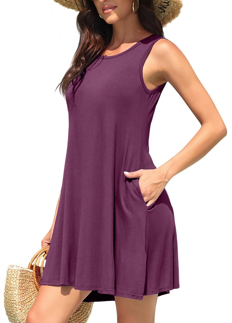 WEACZZY Women's Sleeveless Pockets Casual Swing T-Shirt Dresses,Mauve,M - Image 3